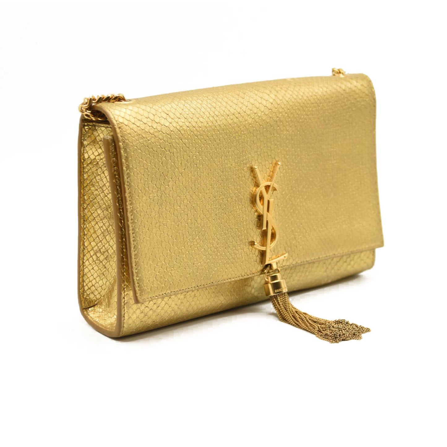 Saint Laurent Metallic Python Embossed Medium Classic Monogram Kate Tassel Satchel Gold