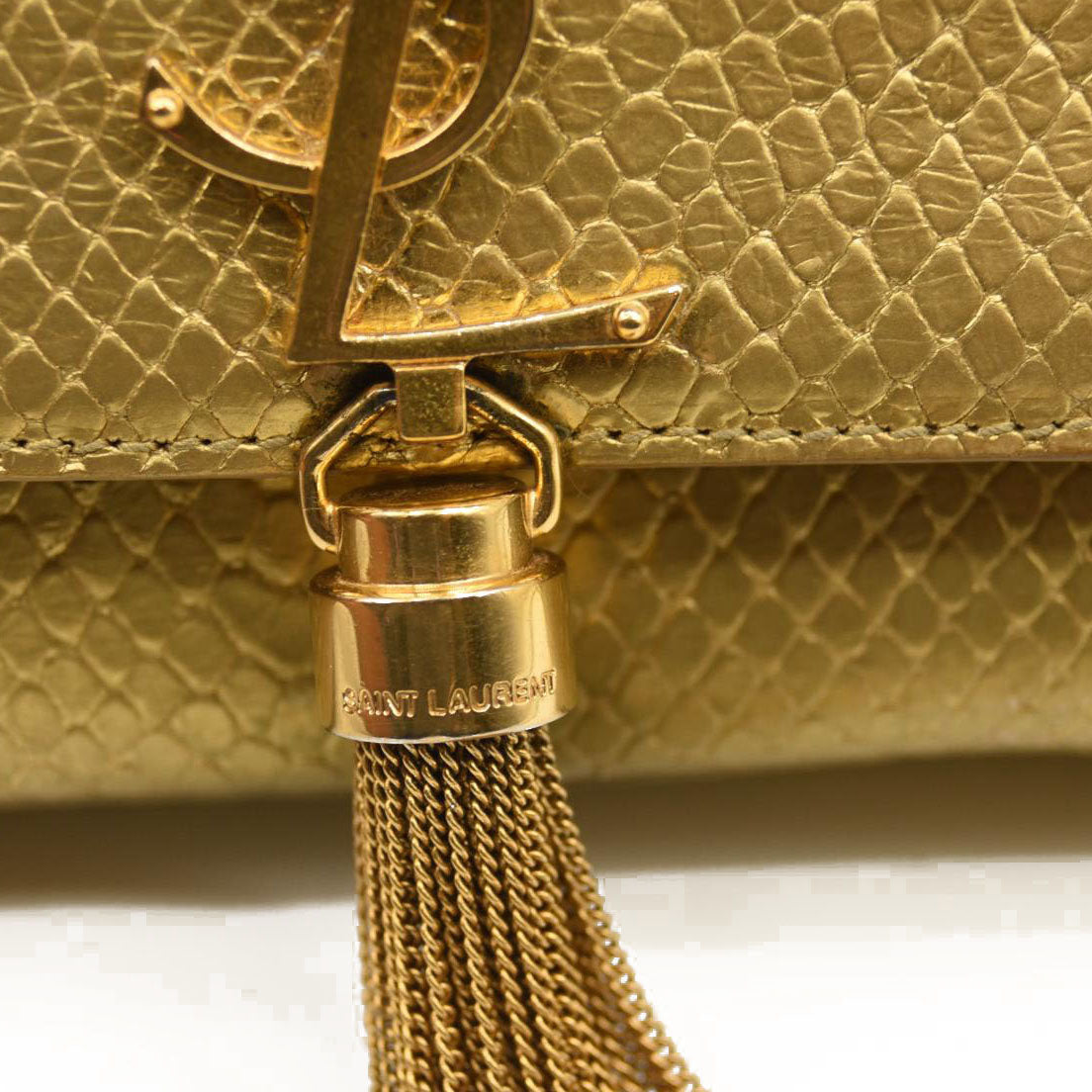 Saint Laurent Metallic Python Embossed Medium Classic Monogram Kate Tassel Satchel Gold