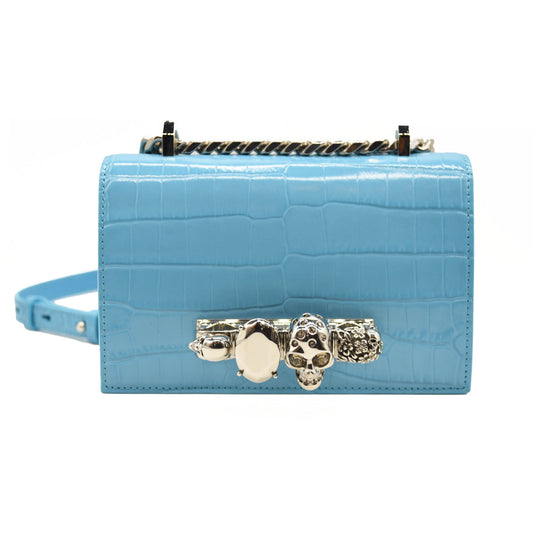 NEW ALEXANDER MCQUEEN Shiny Crocodile Embossed Jeweled Satchel Blue