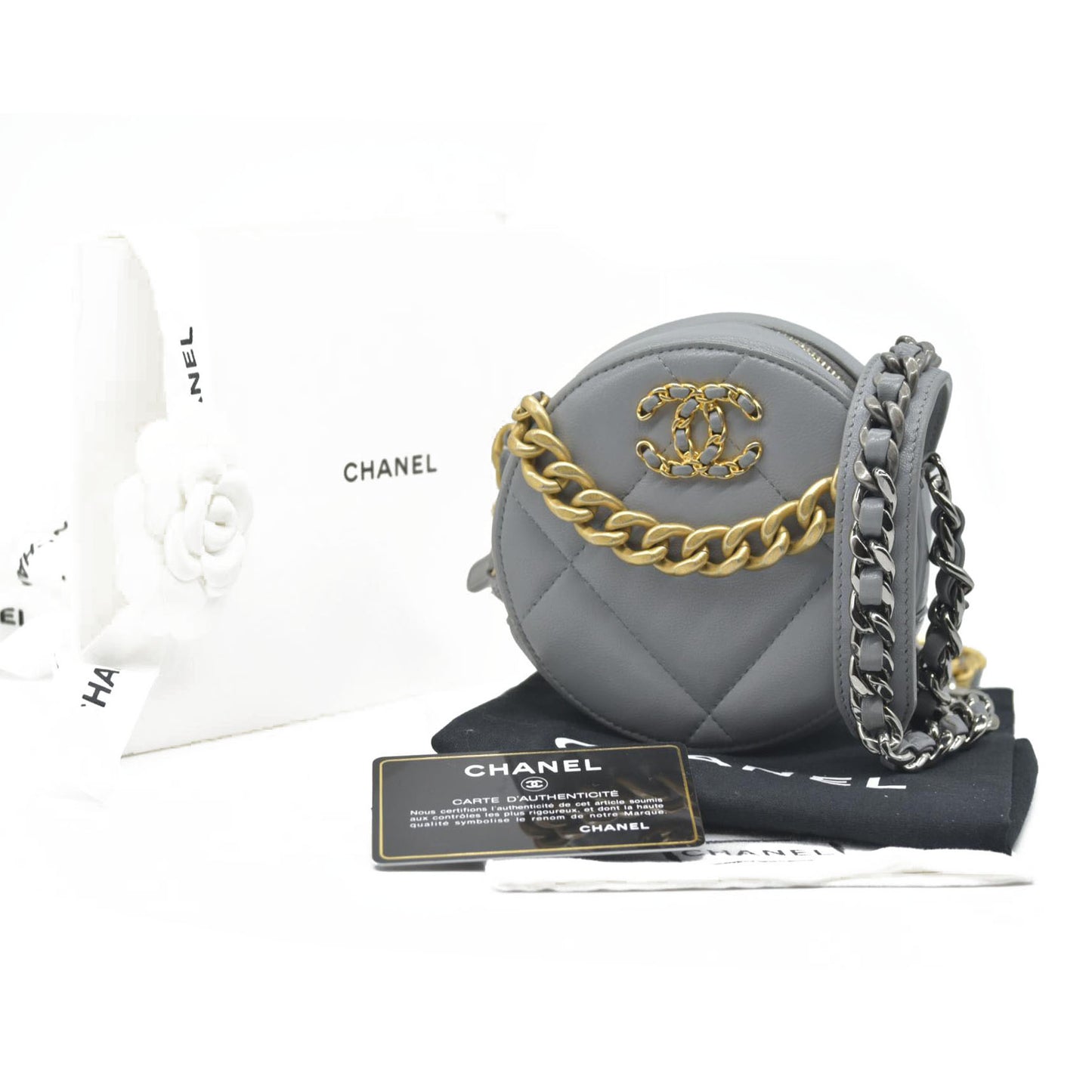 Chanel  Lambskin Quilted Chanel 19 Round Clutch With Chain Grey