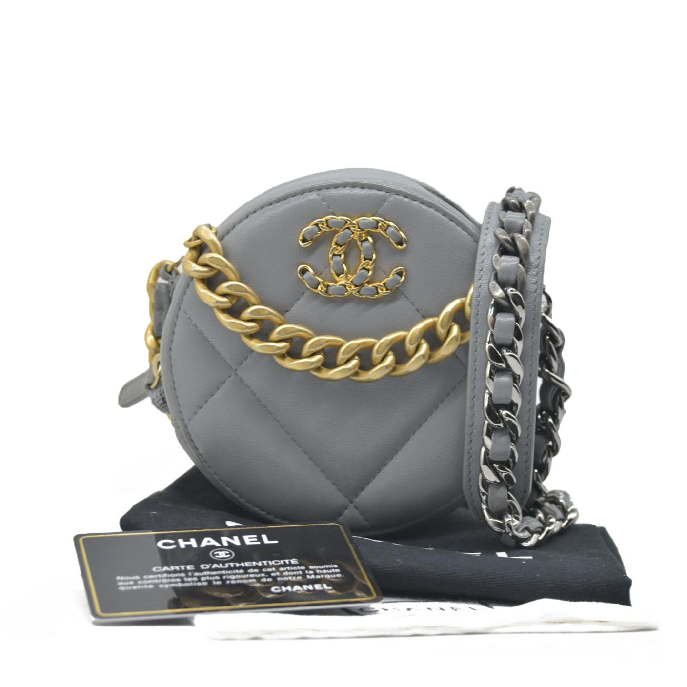 Chanel  Lambskin Quilted Chanel 19 Round Clutch With Chain Grey