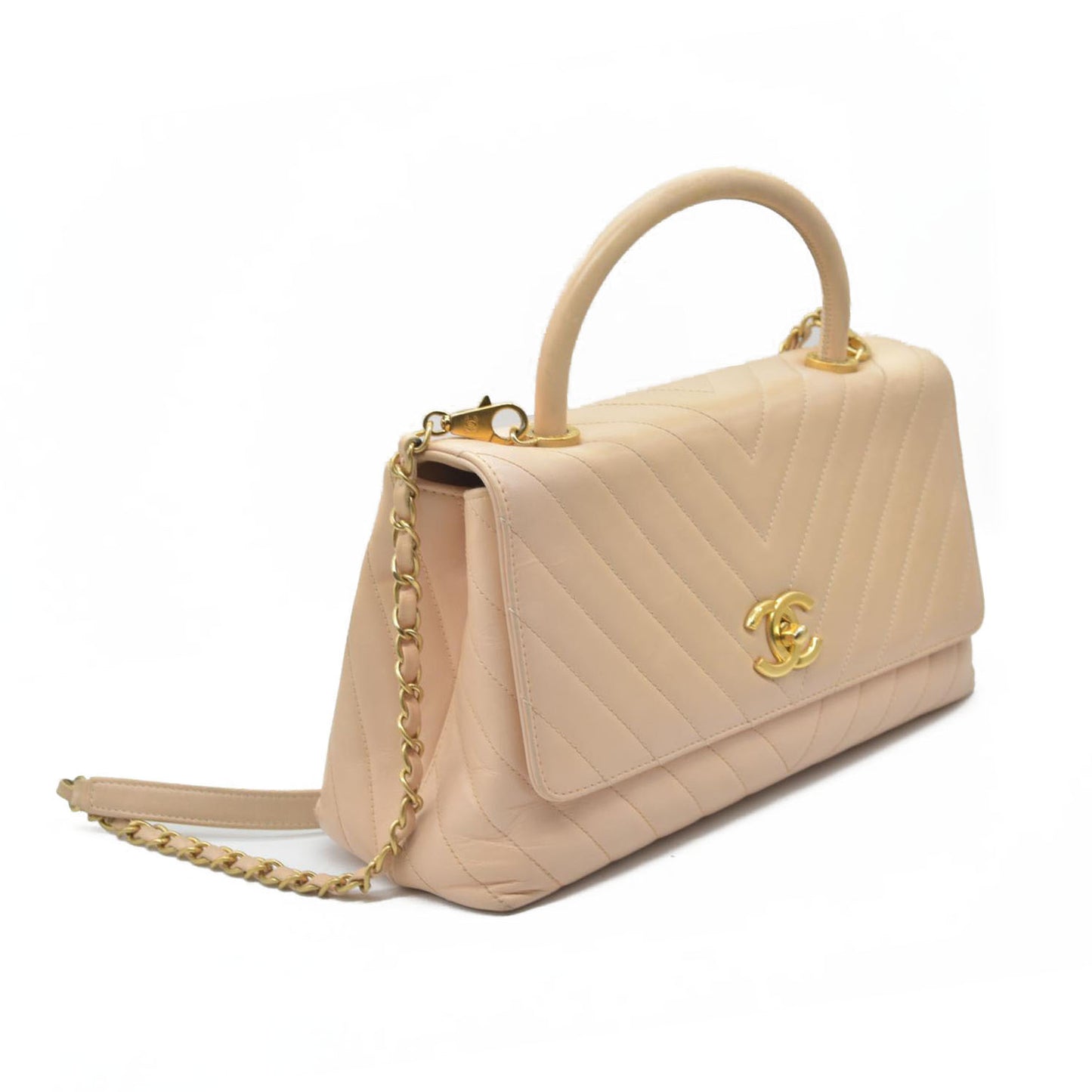 $7300 Chanel  Calfskin Chevron Quilted Medium Coco Handle Flap Beige