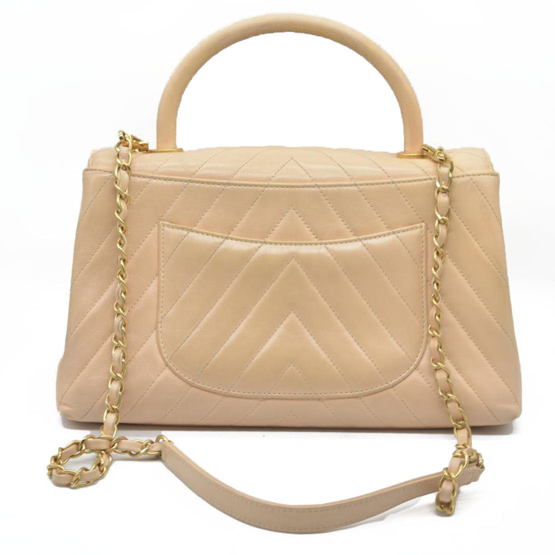 $7300 Chanel  Calfskin Chevron Quilted Medium Coco Handle Flap Beige