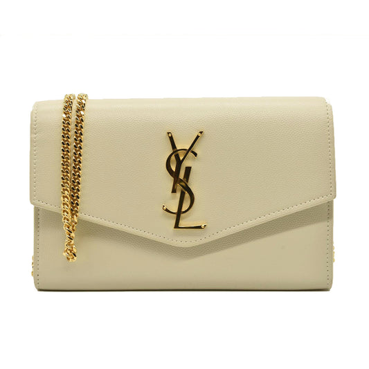 SAINT LAURENT Grain De Poudre Monogram Uptown Chain Wallet Crema Soft