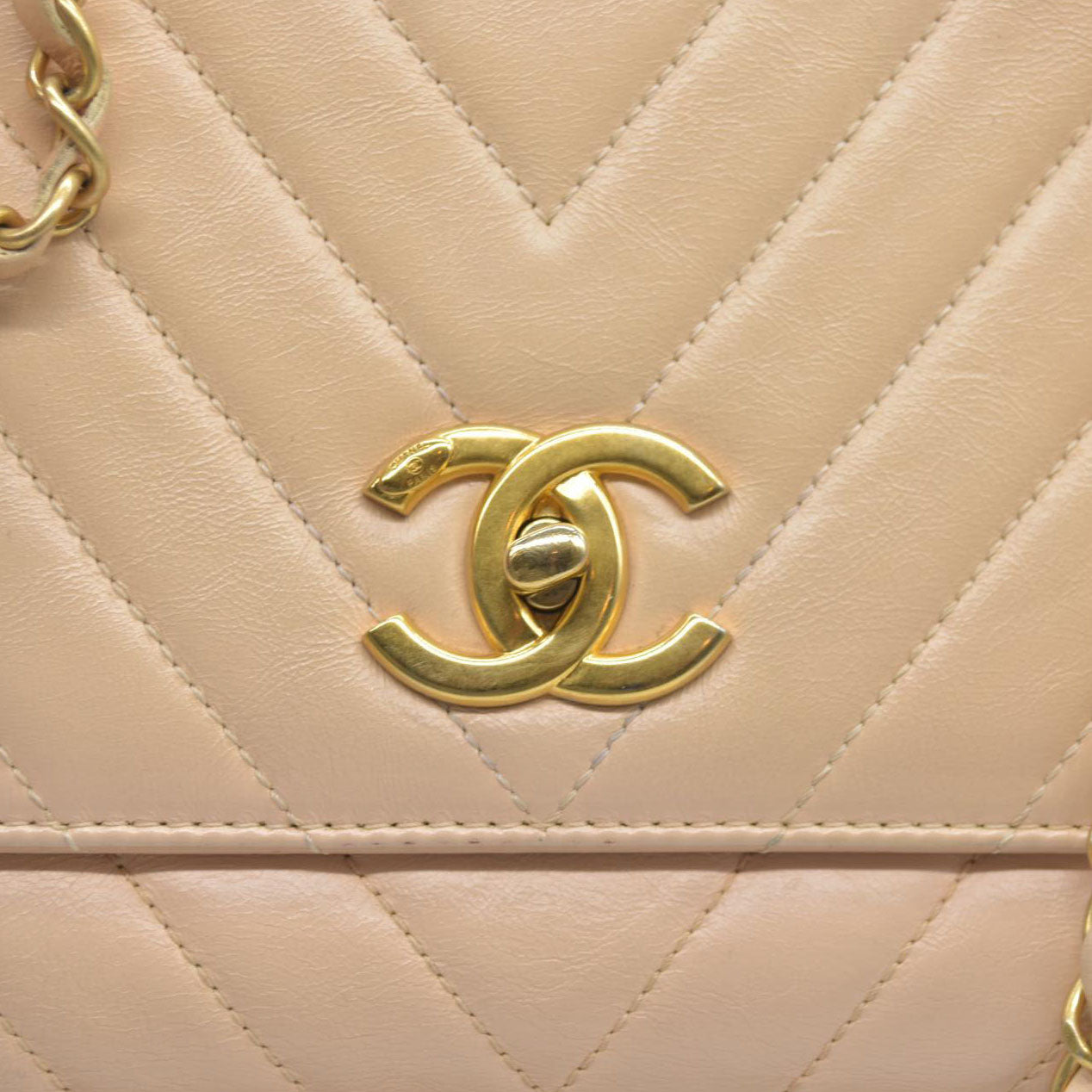 $7300 Chanel  Calfskin Chevron Quilted Medium Coco Handle Flap Beige