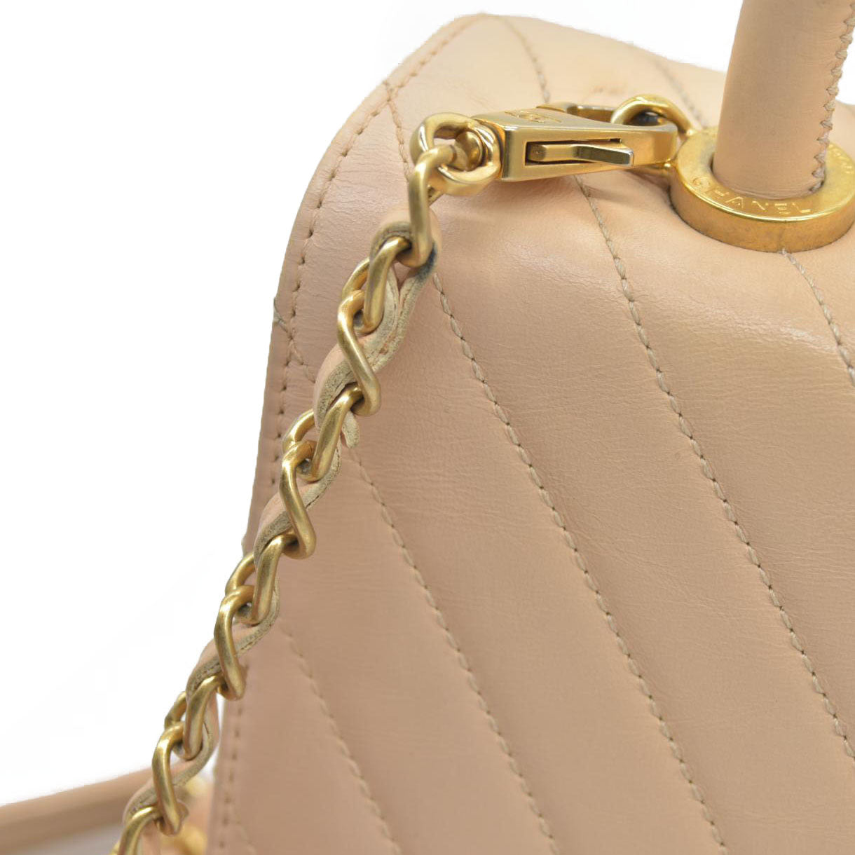 $7300 Chanel  Calfskin Chevron Quilted Medium Coco Handle Flap Beige