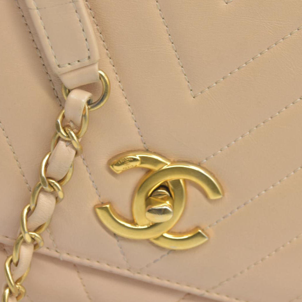 $7300 Chanel  Calfskin Chevron Quilted Medium Coco Handle Flap Beige