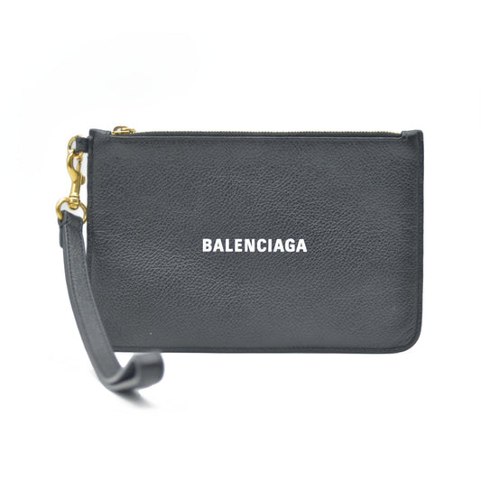 BALENCIAGA Logo Cash Pouch Leather Pouch Bag w/Strap Black Wristlet