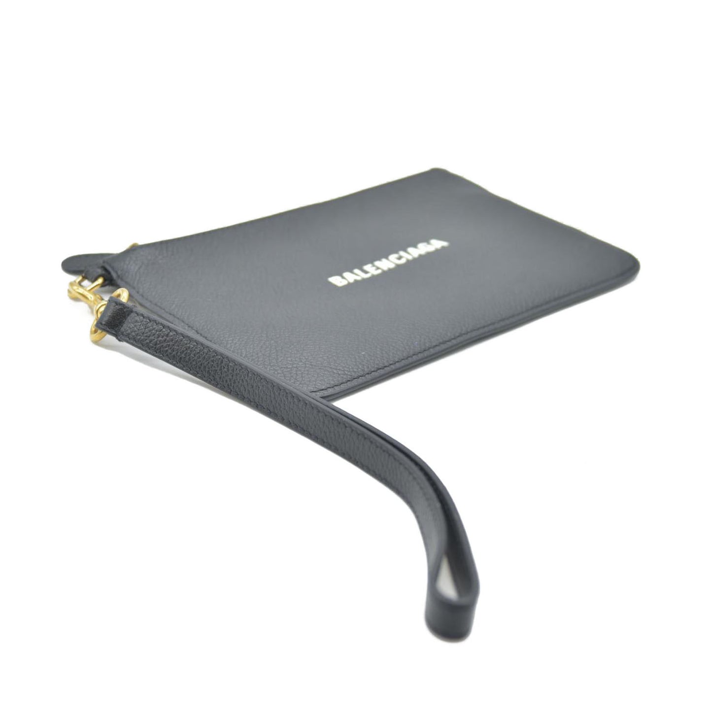 BALENCIAGA Logo Cash Pouch Leather Pouch Bag w/Strap Black Wristlet