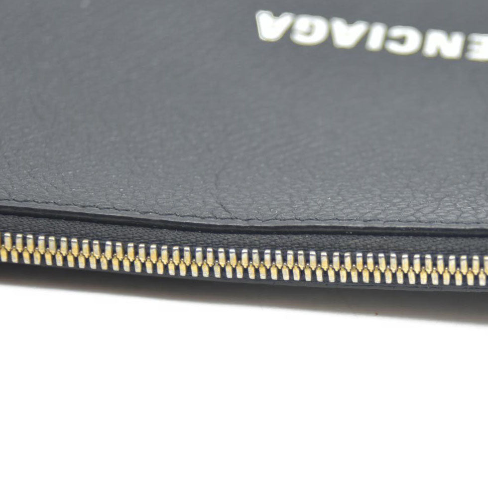 BALENCIAGA Logo Cash Pouch Leather Pouch Bag w/Strap Black Wristlet