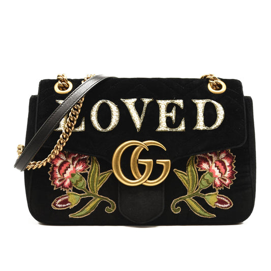 USED Gucci Velvet Matelasse Loved Embroidered Medium GG Marmont Shoulder Bag Black