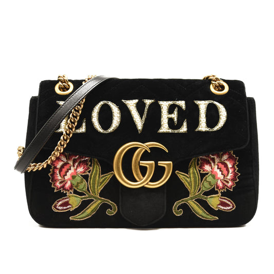 Gucci Velvet Matelasse Loved Embroidered Medium GG Marmont Shoulder Bag Black