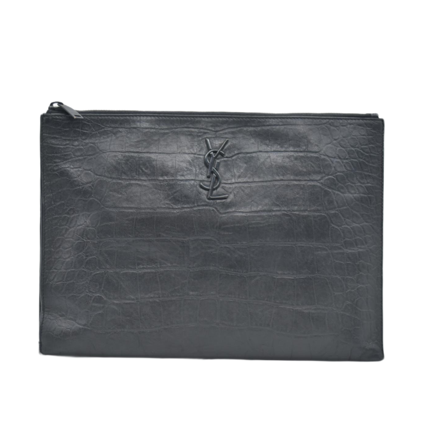 $990 Saint Laurent Croc Monogram Embossed Zip Clutch Black 2018