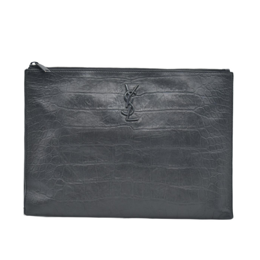 $990 Saint Laurent Croc Monogram Embossed Zip Clutch Black 2018