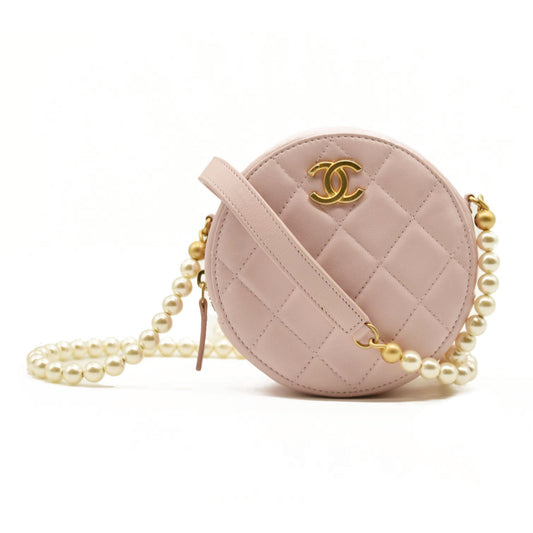 Chanel  Calfskin Quilted Pearl Round Clutch With Chain Light Pink 31*