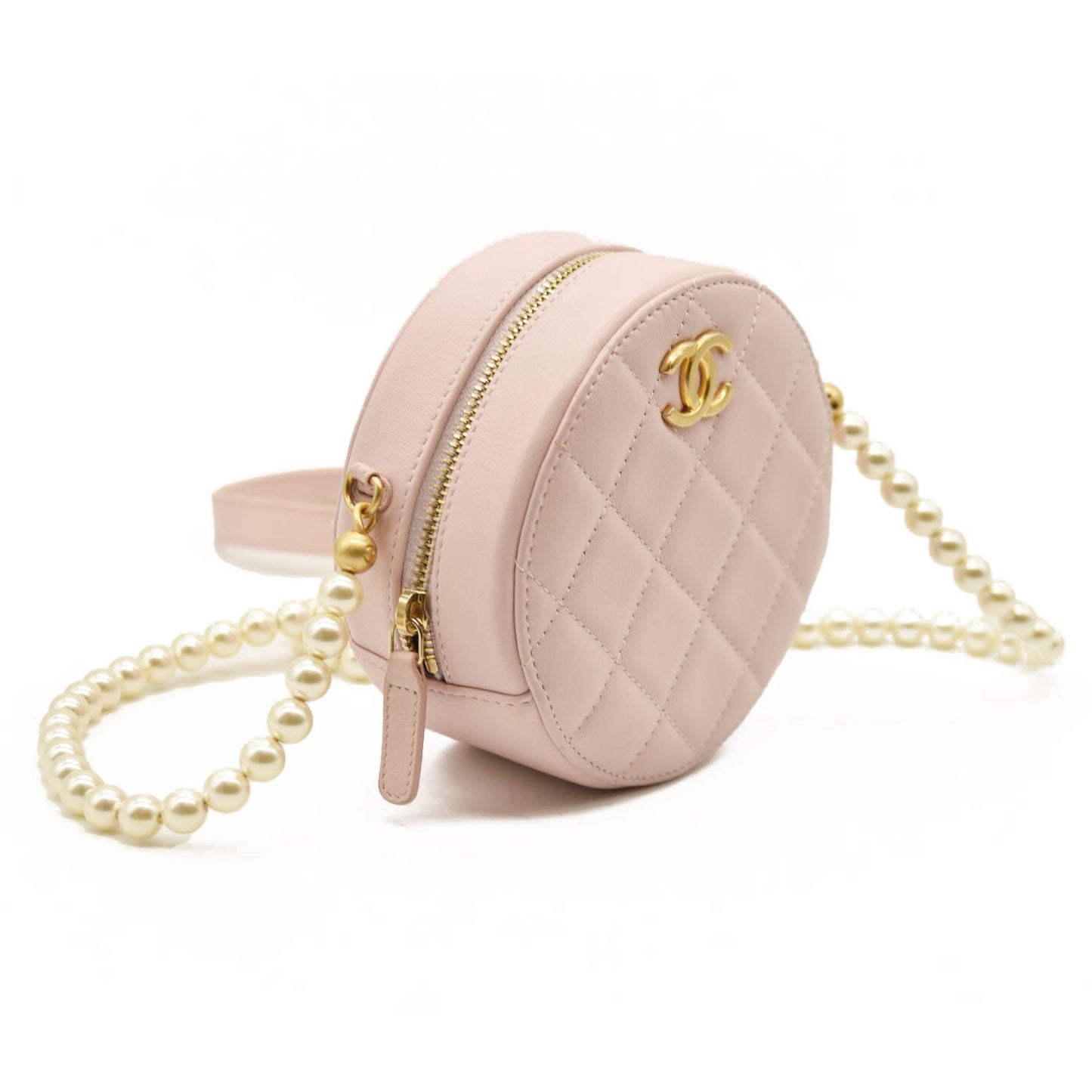 Chanel  Calfskin Quilted Pearl Round Clutch With Chain Light Pink 31*