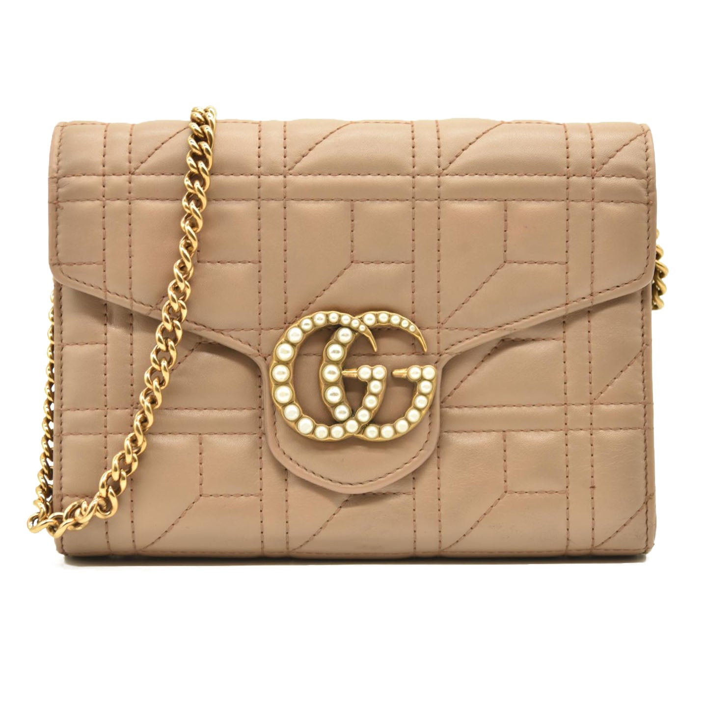 Gucci  Calfskin Matelasse Mini Pearly GG Marmont Chain Wallet Beige