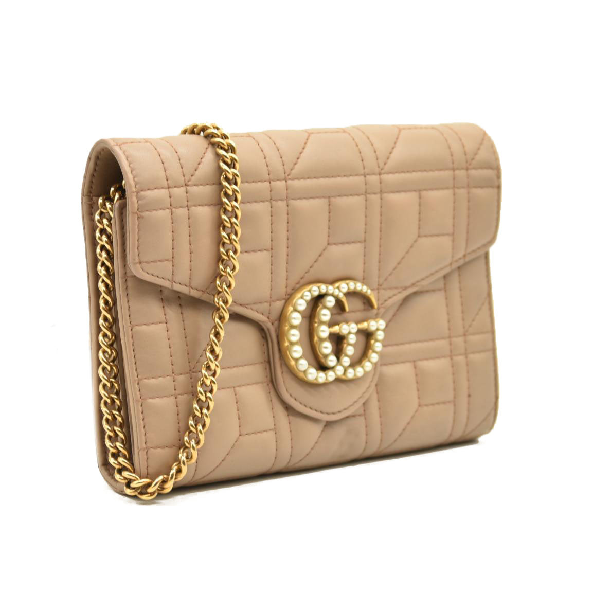 Gucci  Calfskin Matelasse Mini Pearly GG Marmont Chain Wallet Beige