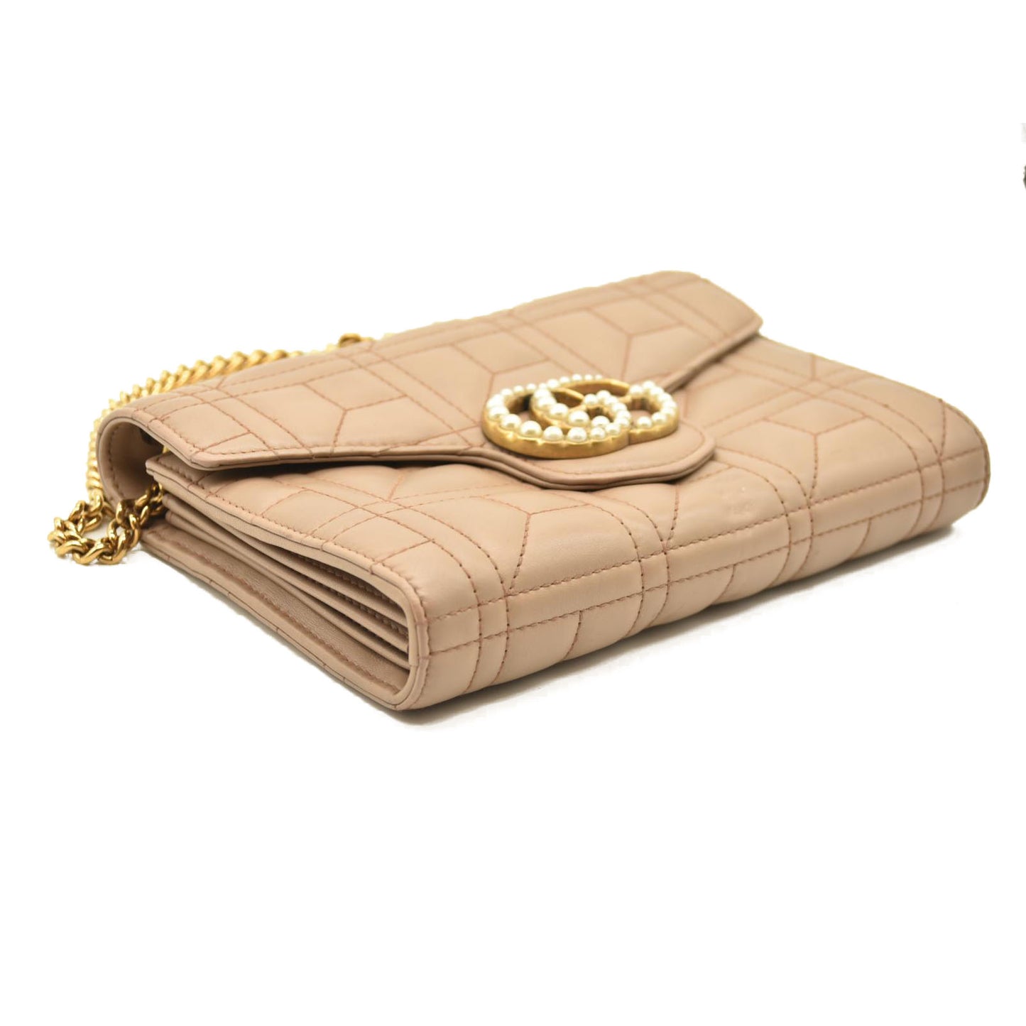 Gucci  Calfskin Matelasse Mini Pearly GG Marmont Chain Wallet Beige