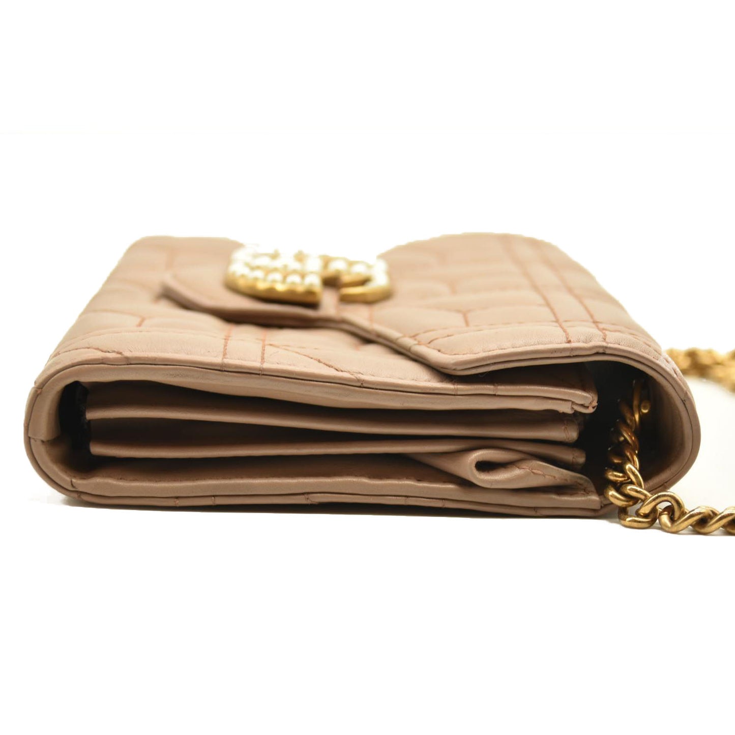 Gucci  Calfskin Matelasse Mini Pearly GG Marmont Chain Wallet Beige