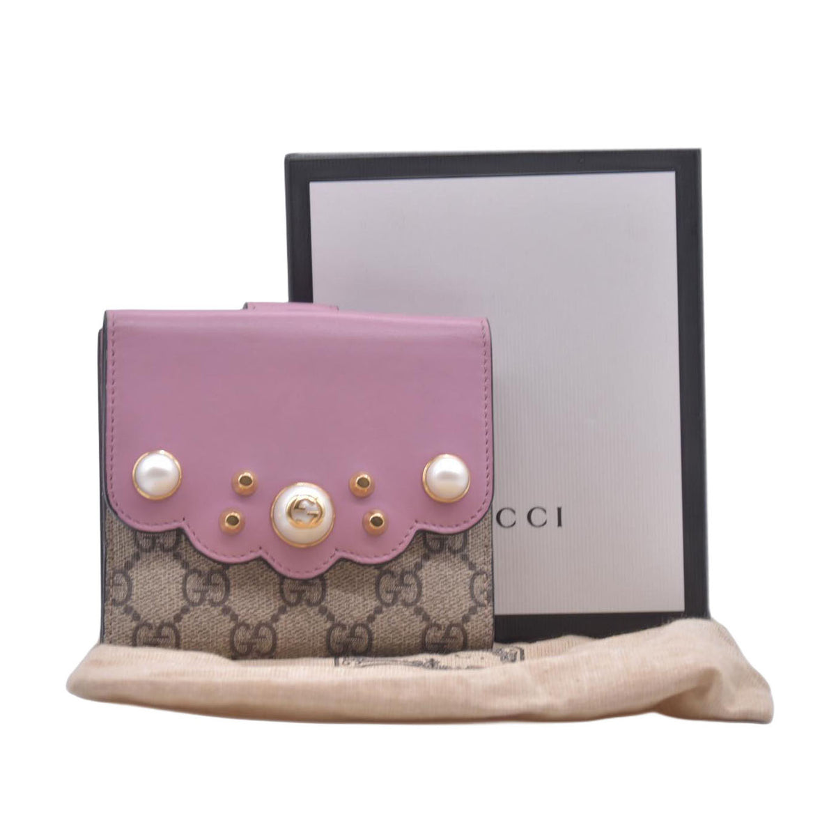 Gucci GG Supreme Monogram Pearl Studded French Wallet Pink CONSIGNMENT