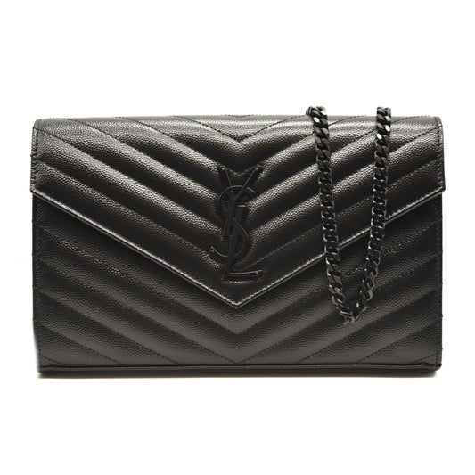 NEW SAINT LAURENT Grain De Poudre Matelasse Chevron Monogram Envelope Chain Wallet Black