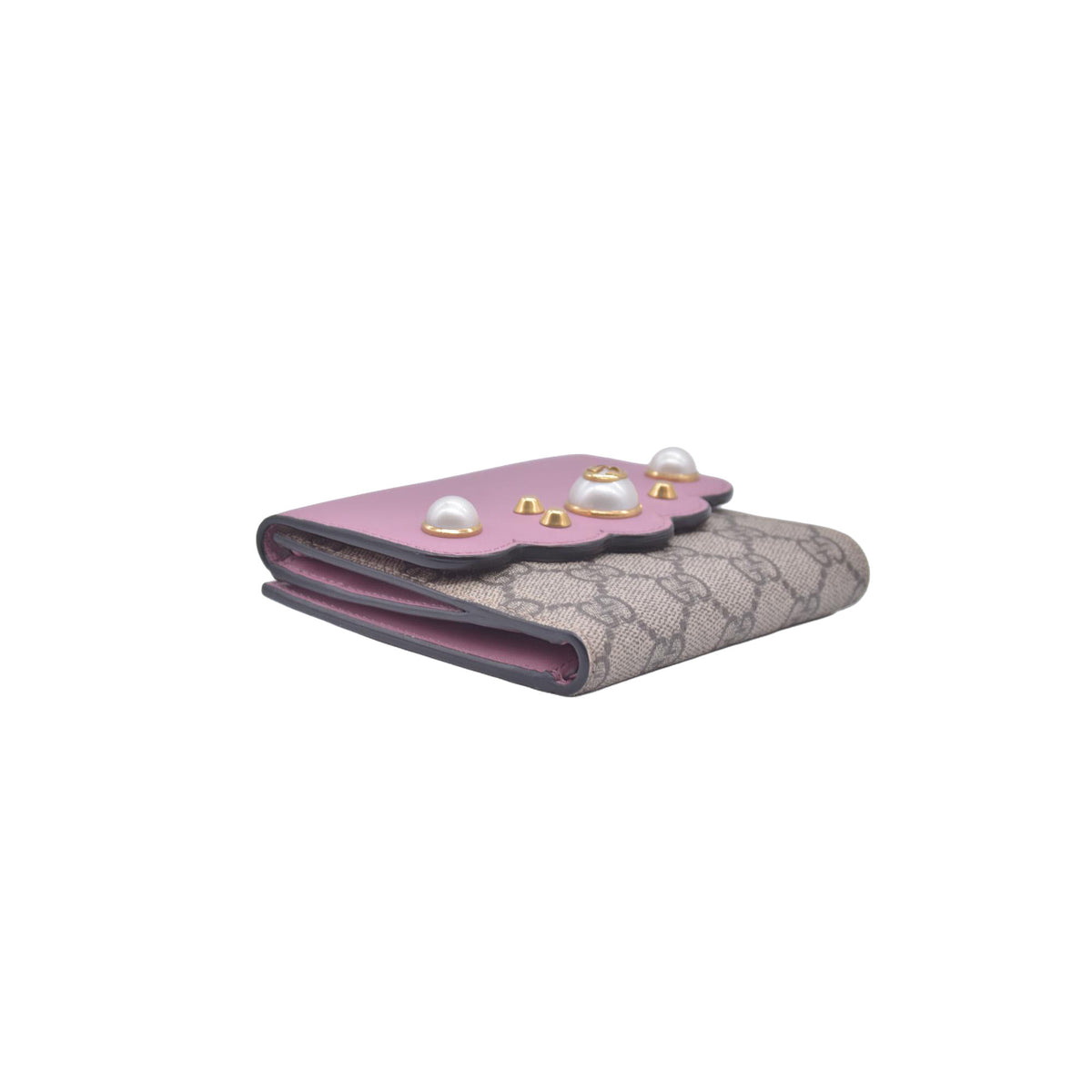 Gucci GG Supreme Monogram Pearl Studded French Wallet Pink CONSIGNMENT