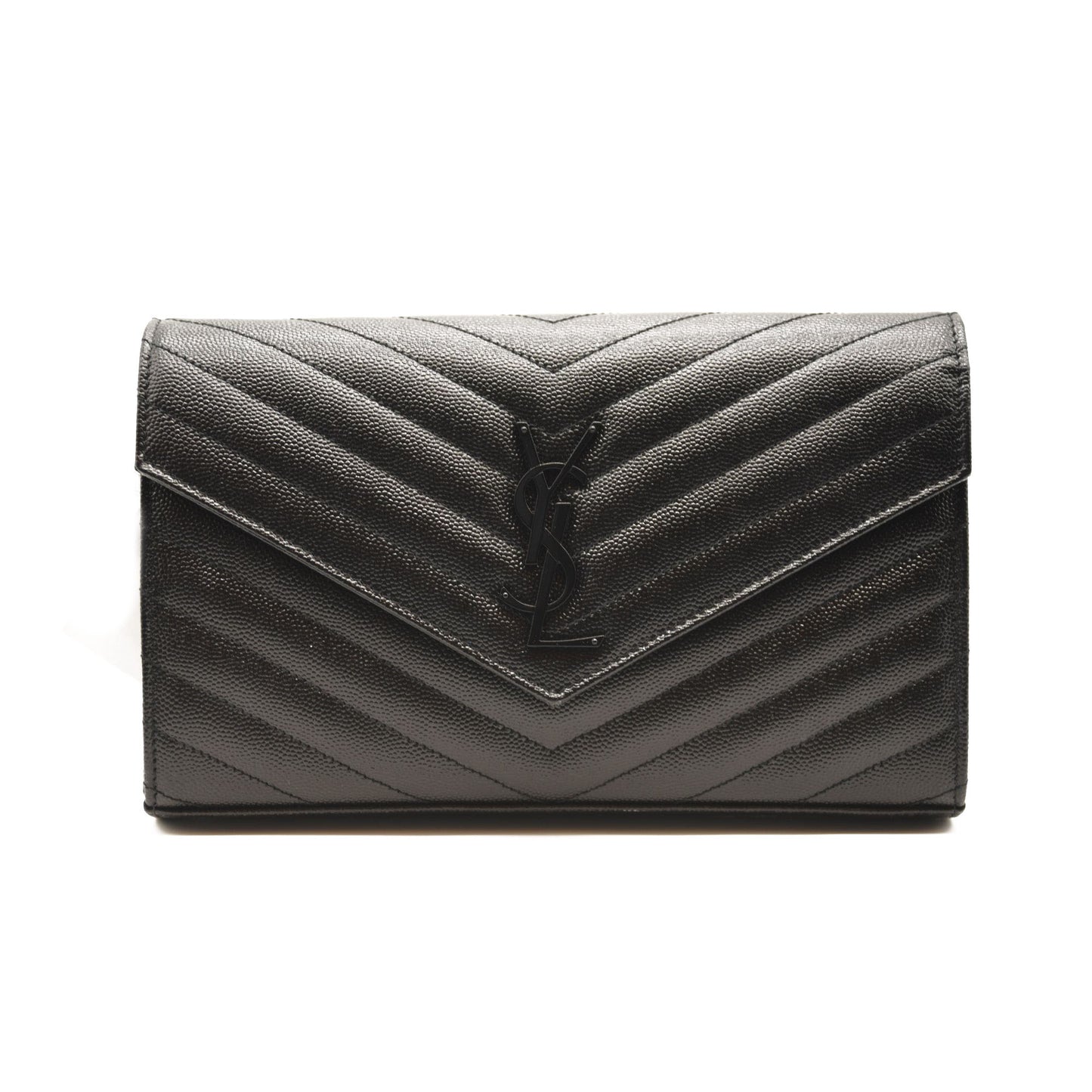 NEW SAINT LAURENT Grain De Poudre Matelasse Chevron Monogram Envelope Chain Wallet Black