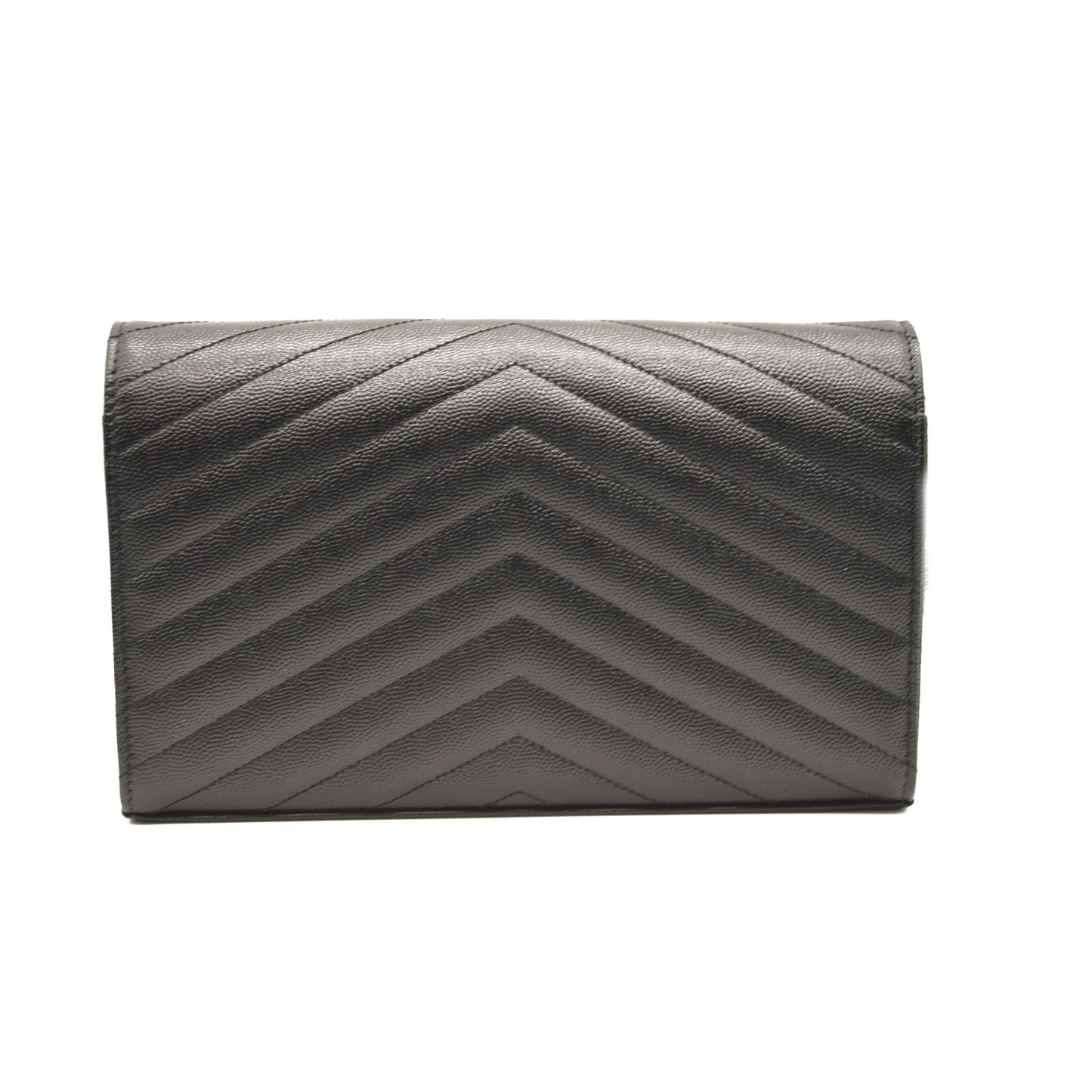 NEW SAINT LAURENT Grain De Poudre Matelasse Chevron Monogram Envelope Chain Wallet Black