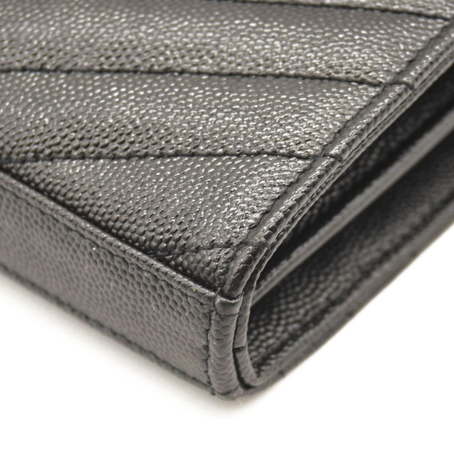 NEW SAINT LAURENT Grain De Poudre Matelasse Chevron Monogram Envelope Chain Wallet Black