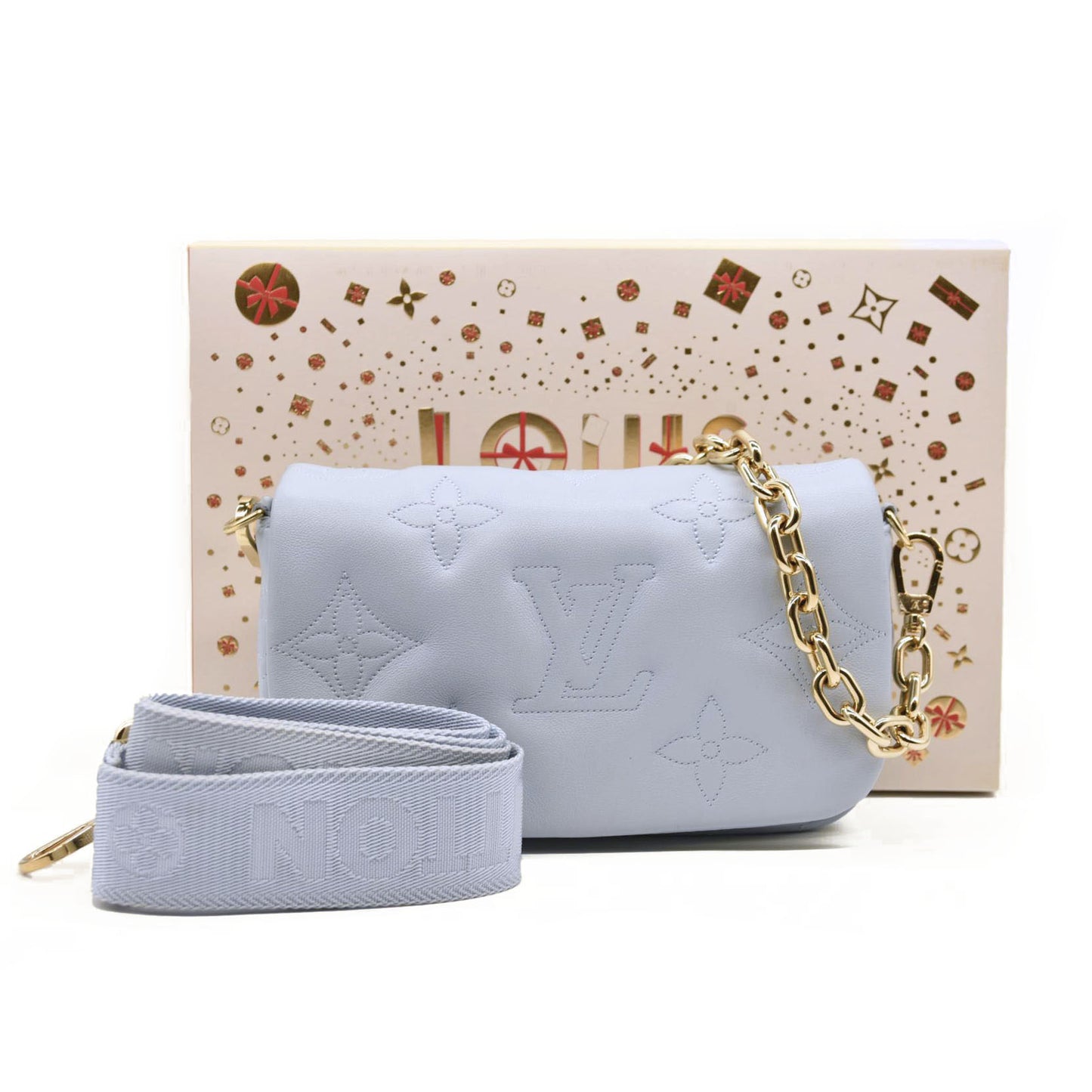 LOUIS VUITTON Calfskin Bubblegram Wallet On Strap Ice Blue