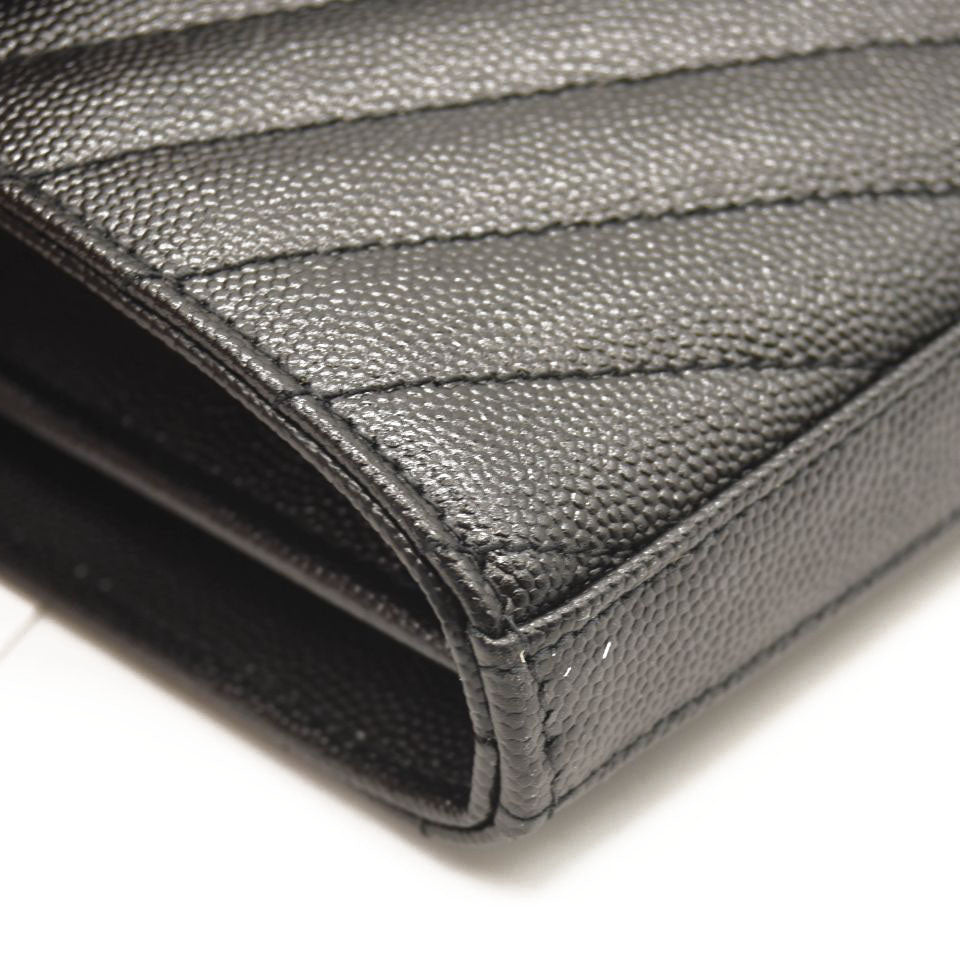 NEW SAINT LAURENT Grain De Poudre Matelasse Chevron Monogram Envelope Chain Wallet Black