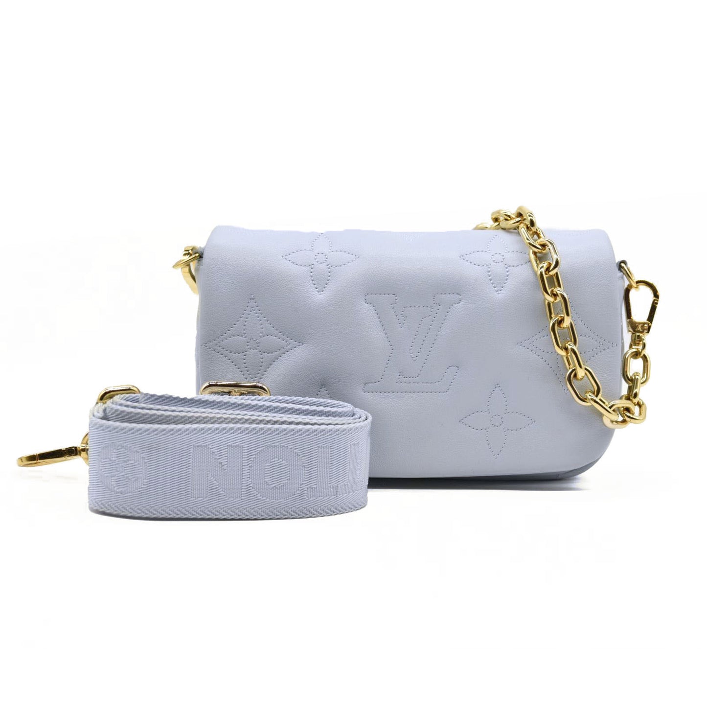 LOUIS VUITTON Calfskin Bubblegram Wallet On Strap Ice Blue