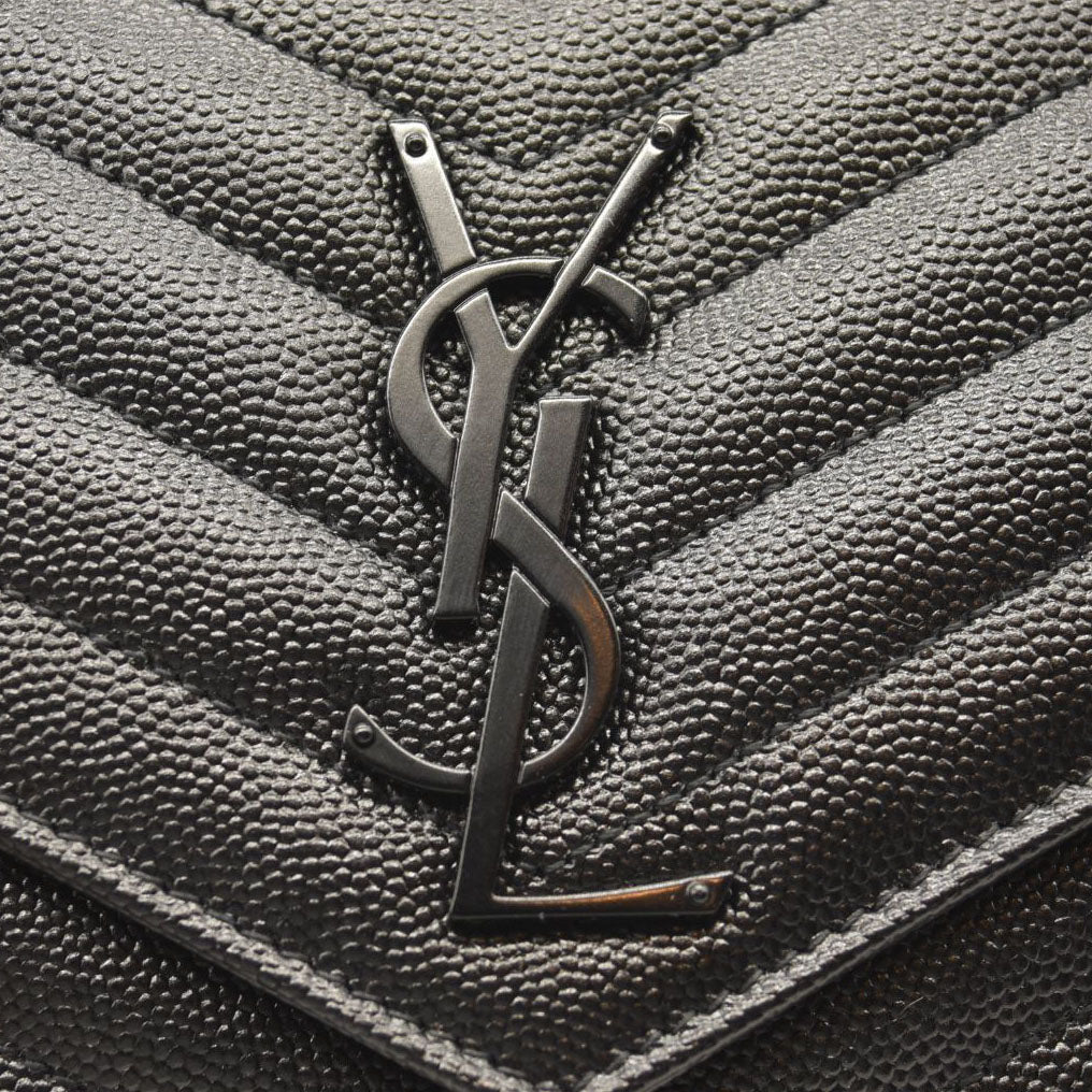 NEW SAINT LAURENT Grain De Poudre Matelasse Chevron Monogram Envelope Chain Wallet Black