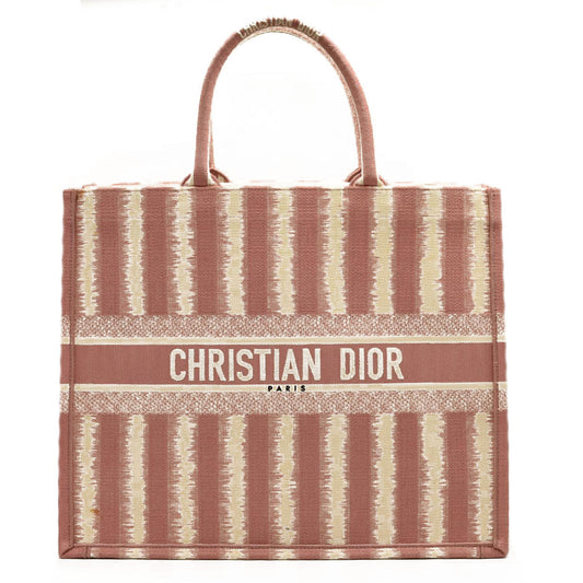 CHRISTIAN DIOR Canvas Embroidered Large Striped Book Tote Pink