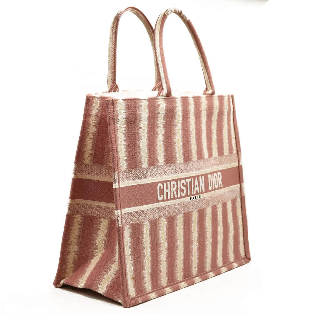 CHRISTIAN DIOR Canvas Embroidered Large Striped Book Tote Pink