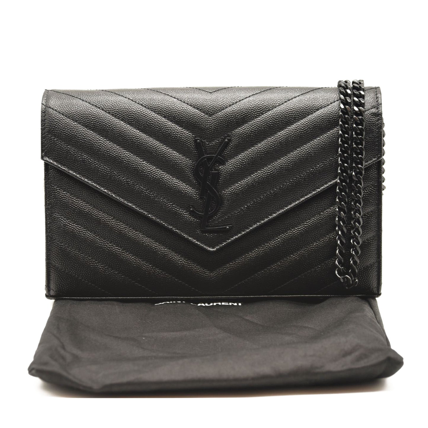 NEW SAINT LAURENT Grain De Poudre Matelasse Chevron Monogram Envelope Chain Wallet Black