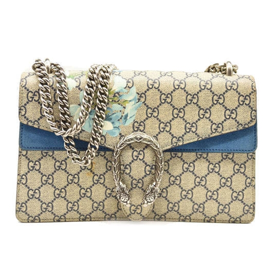 GUCCI GG Supreme Monogram Blooms Small Dionysus Shoulder Bag Beige Navy Vintage Blue