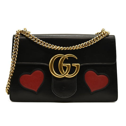 Gucci  Knight Calfskin Malaga Kid Heart Medium GG Marmont Chain Handle Bag Black Hibiscus Red Multicolor