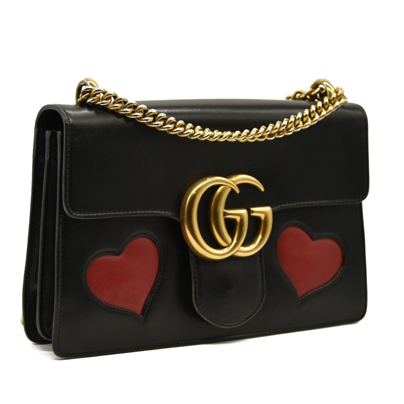 Gucci  Knight Calfskin Malaga Kid Heart Medium GG Marmont Chain Handle Bag Black Hibiscus Red Multicolor