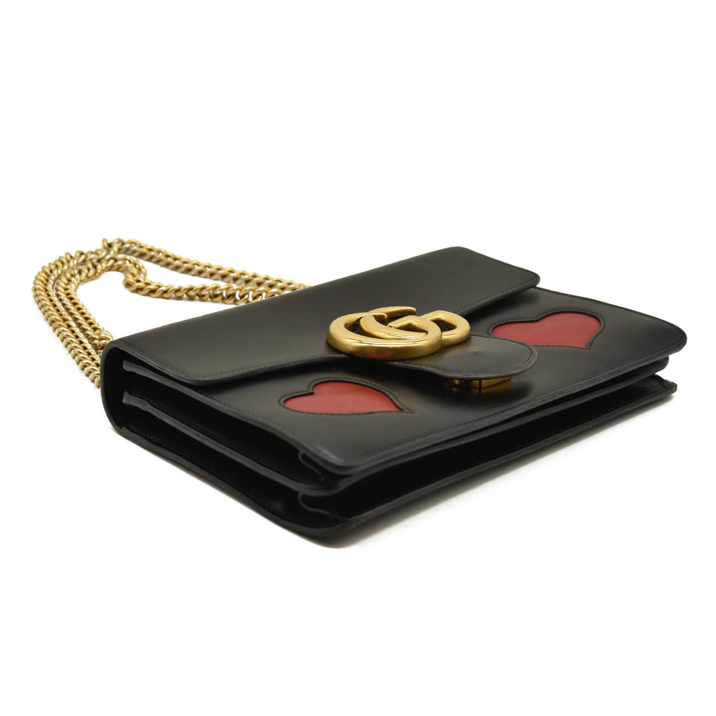 Gucci  Knight Calfskin Malaga Kid Heart Medium GG Marmont Chain Handle Bag Black Hibiscus Red Multicolor