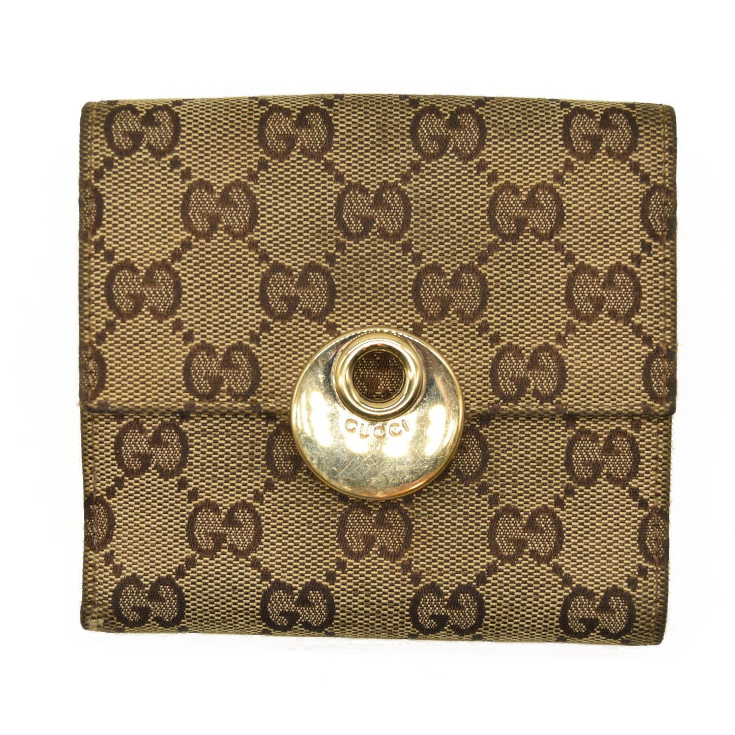 GUCCI GG Logo Canvas Leather Bifold Wallet Beige