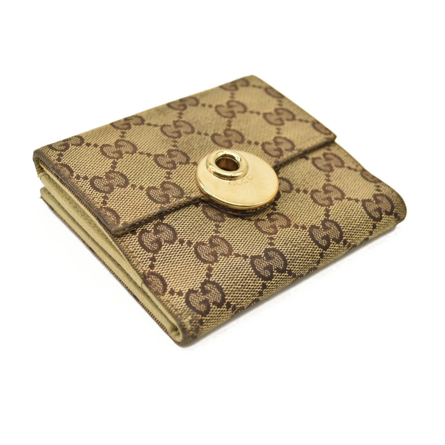 GUCCI GG Logo Canvas Leather Bifold Wallet Beige