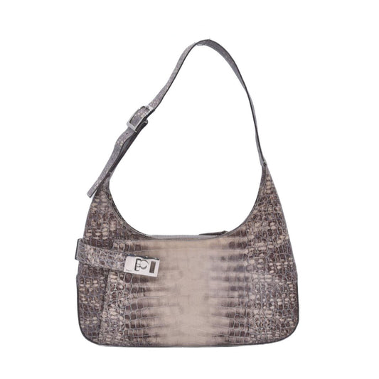 $1250 SALVATORE FERRAGAMO Embossed Lizard Calfskin Gancini Belt Shoulder Bag Grey CONSIGNMENT 10021138