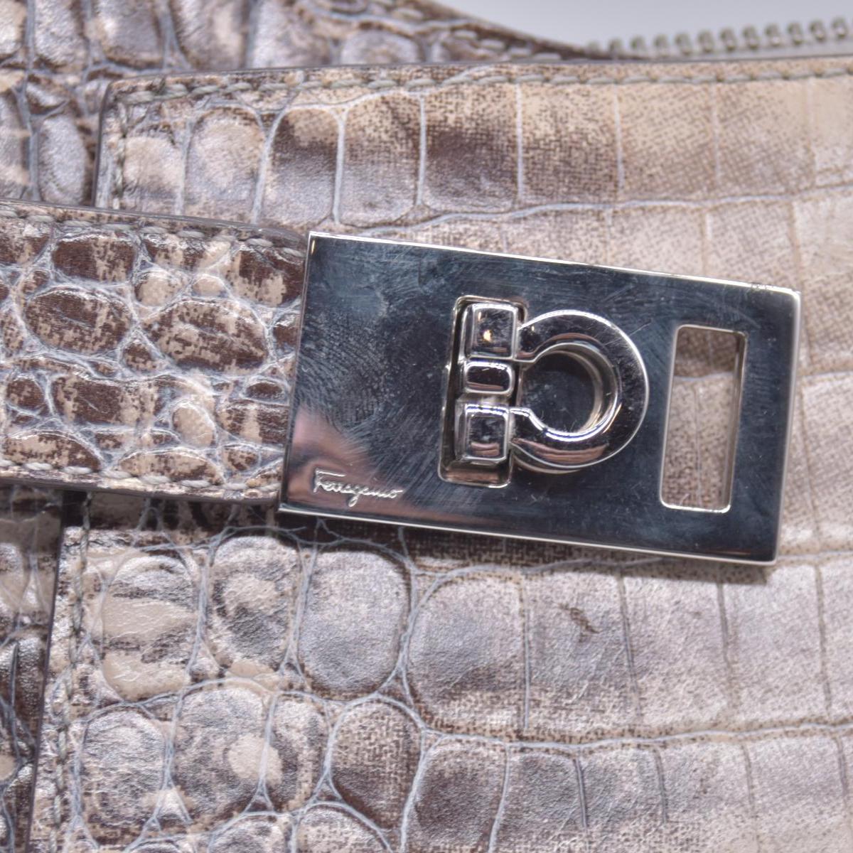 Salvatore Ferragamo Croc Embossed Beige Leather Hobo Shoulder Bag CONSIGNMENT