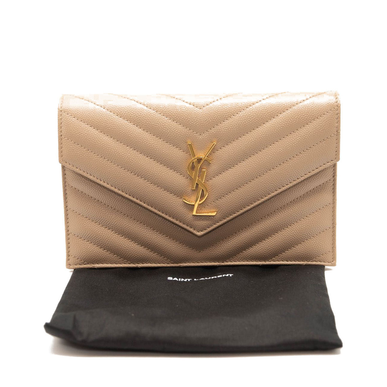 NEW Saint Laurent Grain De Poudre Matelasse Chevron Monogram Envelope Chain Wallet Nude Powder