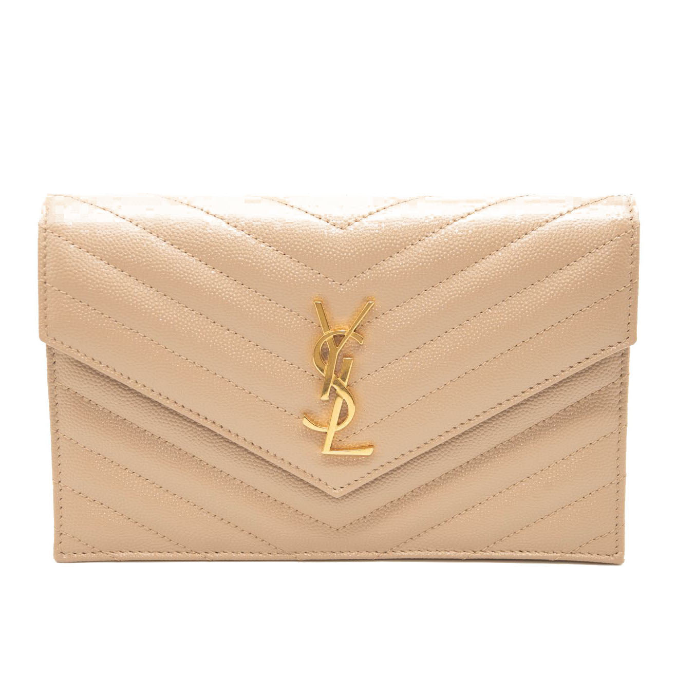 NEW Saint Laurent Grain De Poudre Matelasse Chevron Monogram Envelope Chain Wallet Nude Powder