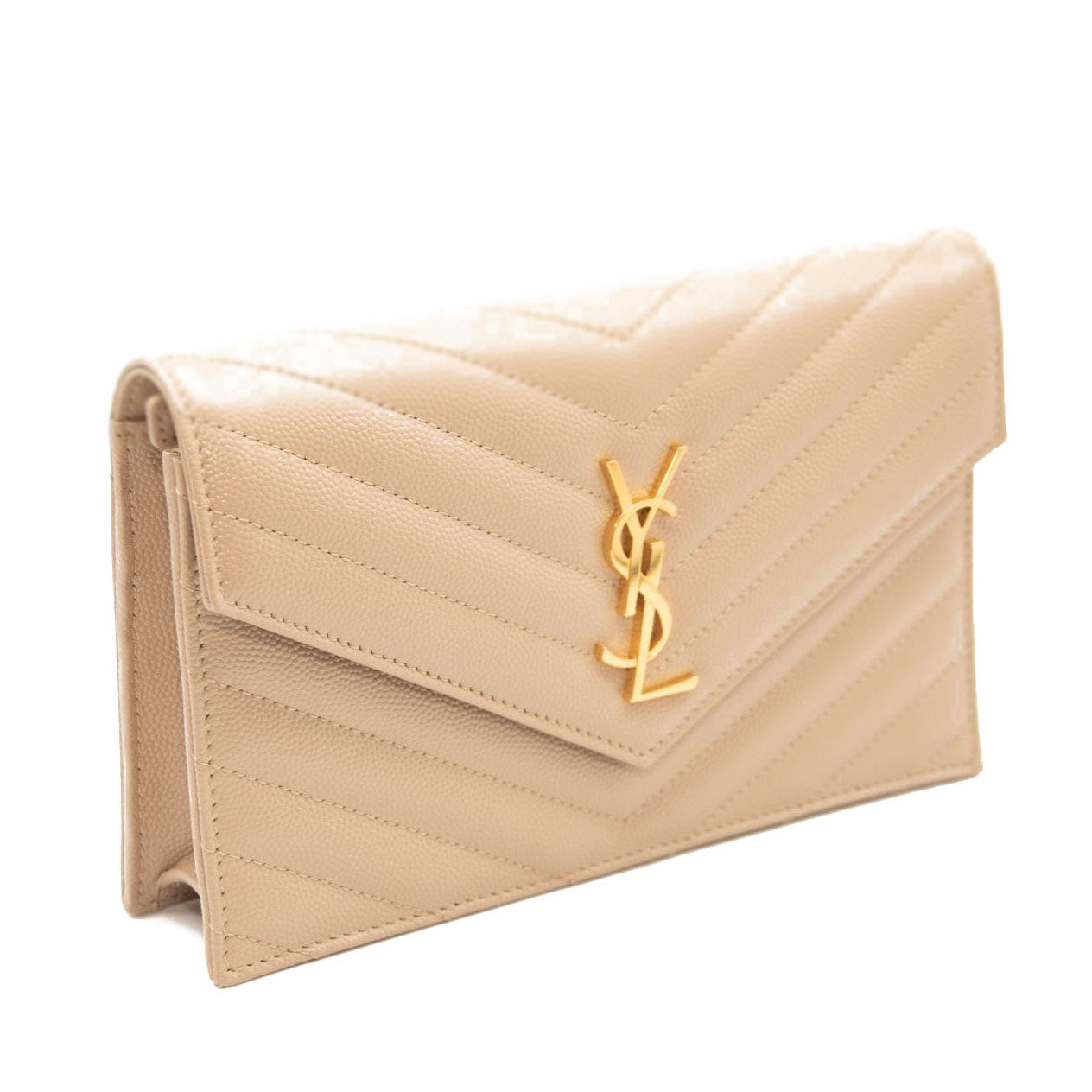 NEW Saint Laurent Grain De Poudre Matelasse Chevron Monogram Envelope Chain Wallet Nude Powder