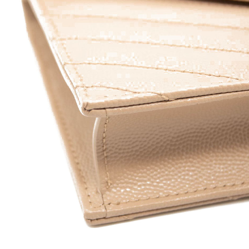 NEW Saint Laurent Grain De Poudre Matelasse Chevron Monogram Envelope Chain Wallet Nude Powder