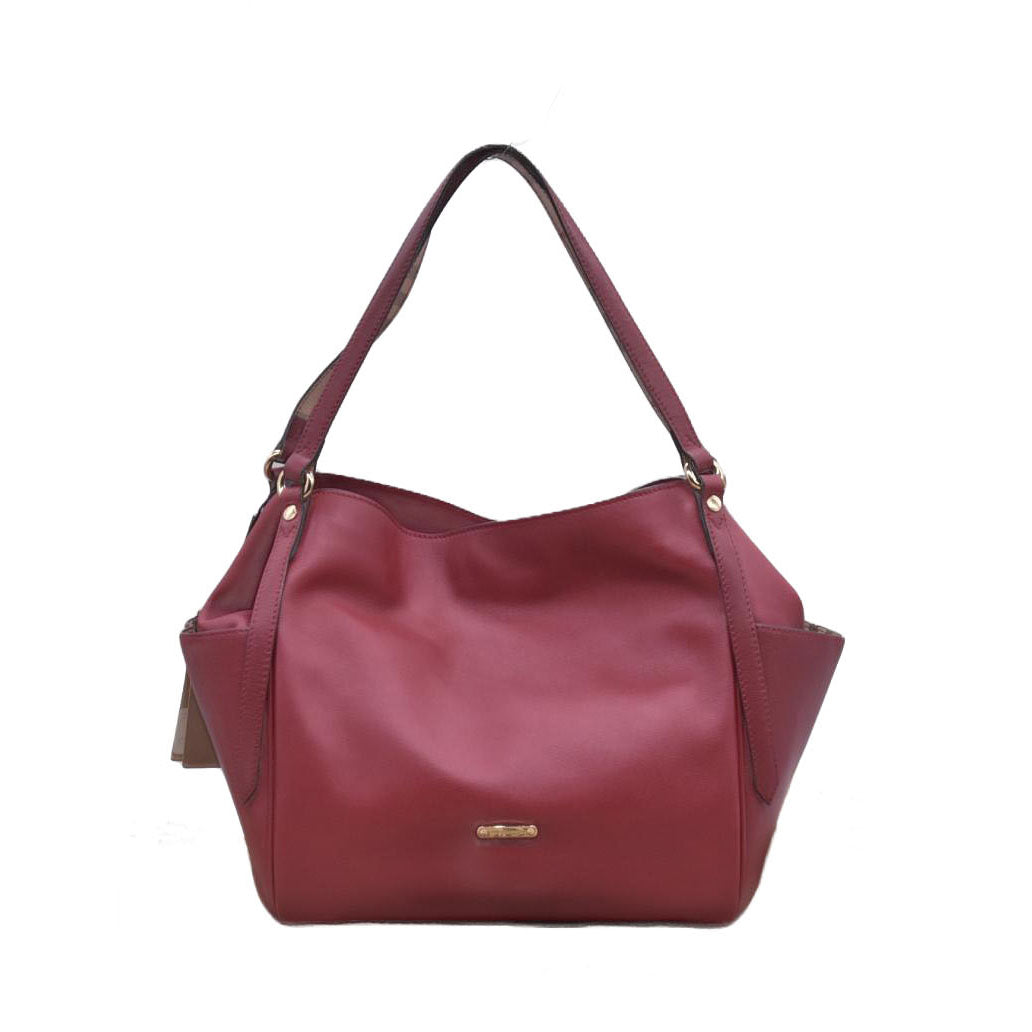 $1095 Burberry Leather Panels Small Canterbury Tote Red CONSIGNMENT